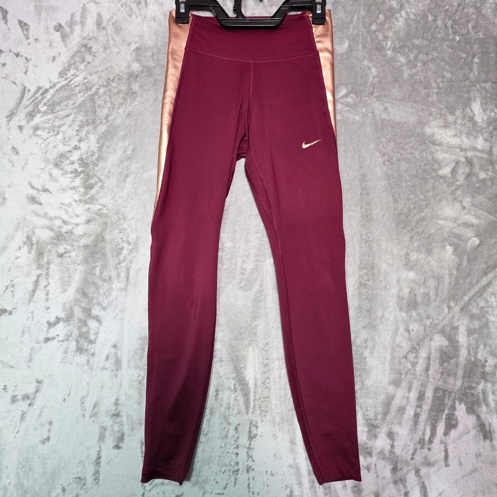 Nike Dri-FIT Womens High Waisted Leggings Burgundy Rose Gold Metallic Small